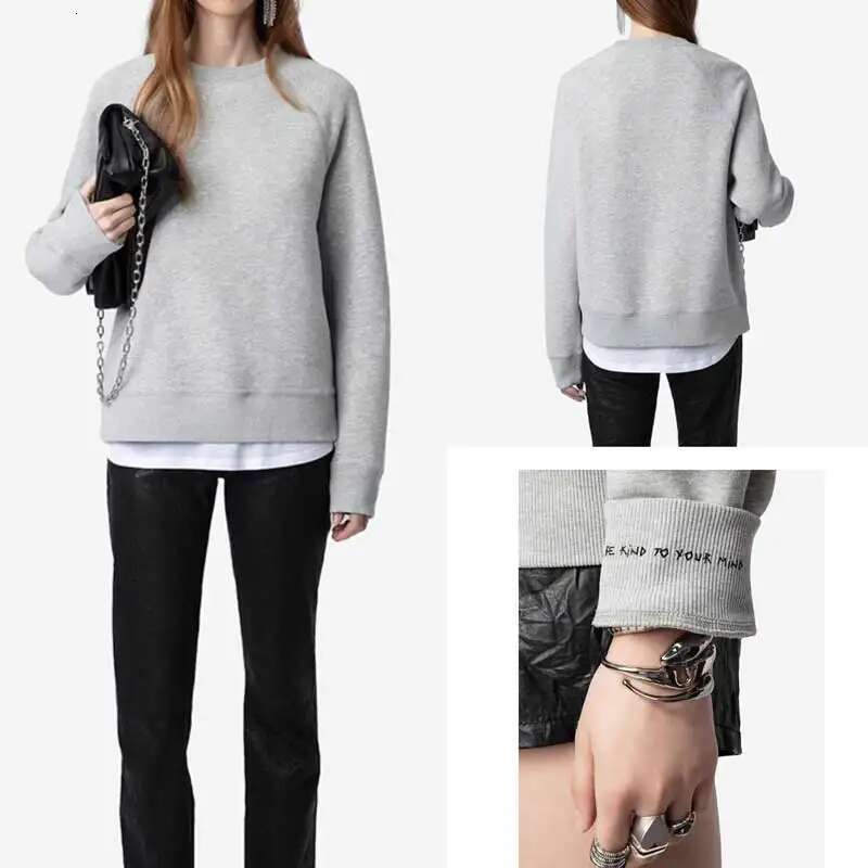 Women's grey Fleece Sweatshirt women Dia embellished Round Neck Long Sleeve Autumn winter sweatshirt female