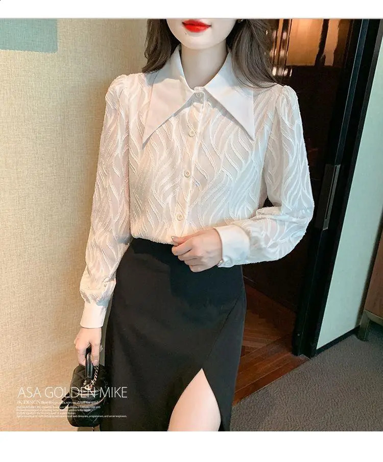 Polo Neck Black Chiffon Shirt Womens Niche Retro French Long-sleeved Top 250210