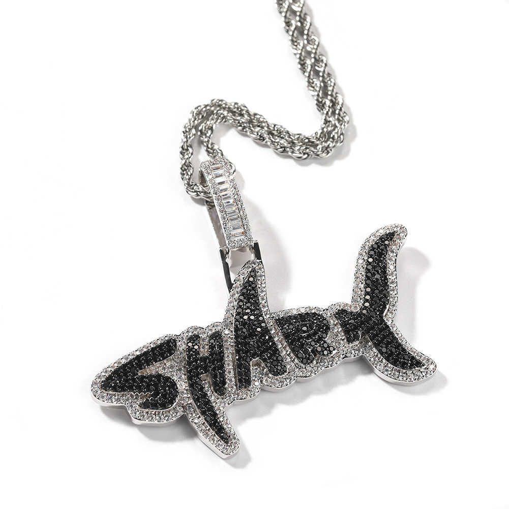 fashion personality two tone color micro insert iced out moissanite shark letter hip hop costume necklace pendants charms