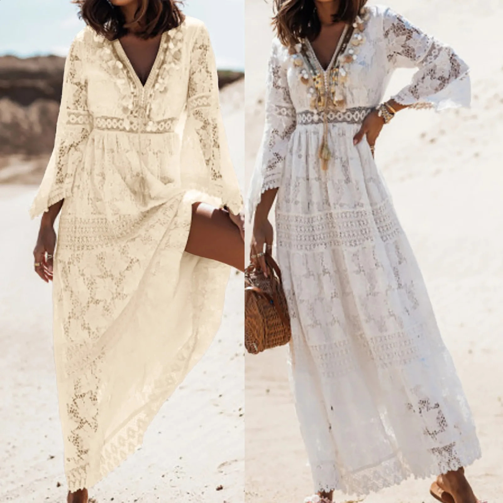 Summer Boho Long Dresses Women V Neck Flare Sleeve Crochet Lace Holiday Dress Lady Beach Sundress Dress Womens Dresses 250213