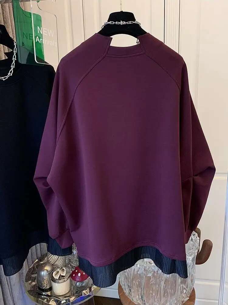 Autumn Winter Women Pullover Hoodies Fake Two-Piece Long Sleeve Patchwork Design Loose Solid Color Casual Tops Lady Clothes