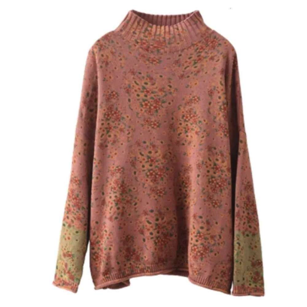 Pullover Mock Neck Long Sleeve Patchwork Print Ral 2024 Spring New Knitted Cotton Women Sweaters
