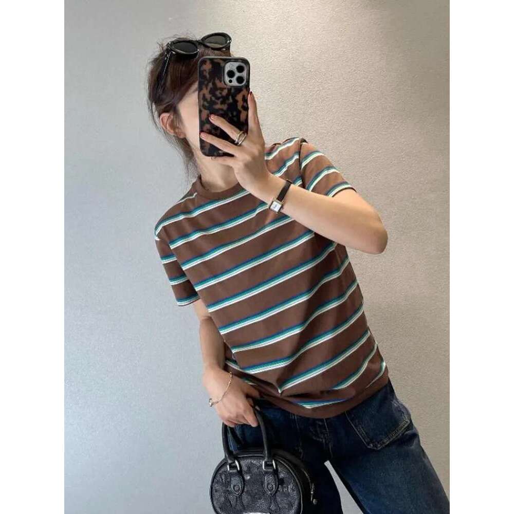 Summer Women Casual Mixed Colors Striped Tees O Neck Short Sleeve Comfortable T-Shirt Streetwear Female Loose Pullover Tops