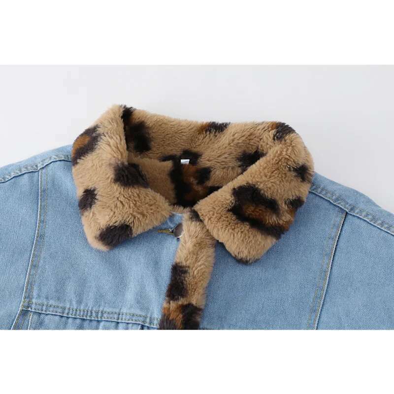 Women's Lamb Wool Denim Winter Long Sleeves Streetwear Chic Design Leopard Print Fashion Casual Baggy Jean Jackets Coat