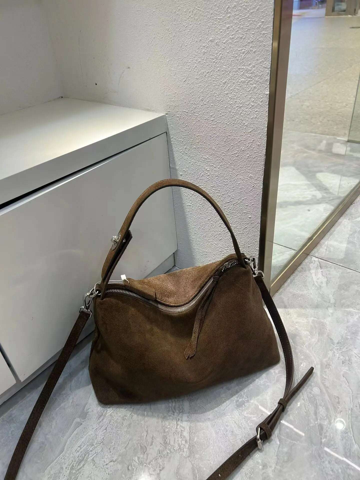 Fashion Autumn Winter Big Boston Tote Soft Matte Suede Cow Leather Women's Handbag Shoulder Crossbody Bag For Women Grey Brown Suede Cartoon BagV