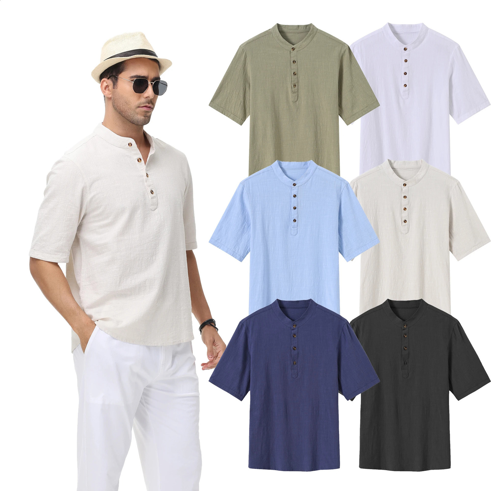 Mens Breathable Cotton Short Sleeve Shirts Solid Color Stand-Up Collar Tops Hawaii Beach Henley Shirts 250213