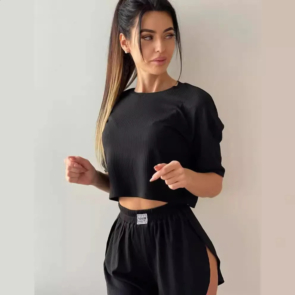Linen Knitted Pajamas For Women 2 Piece Sets Loose Short Sleeve O Neck Crop Top Casual Female Suits With Shorts Summer Sleepwear 250213