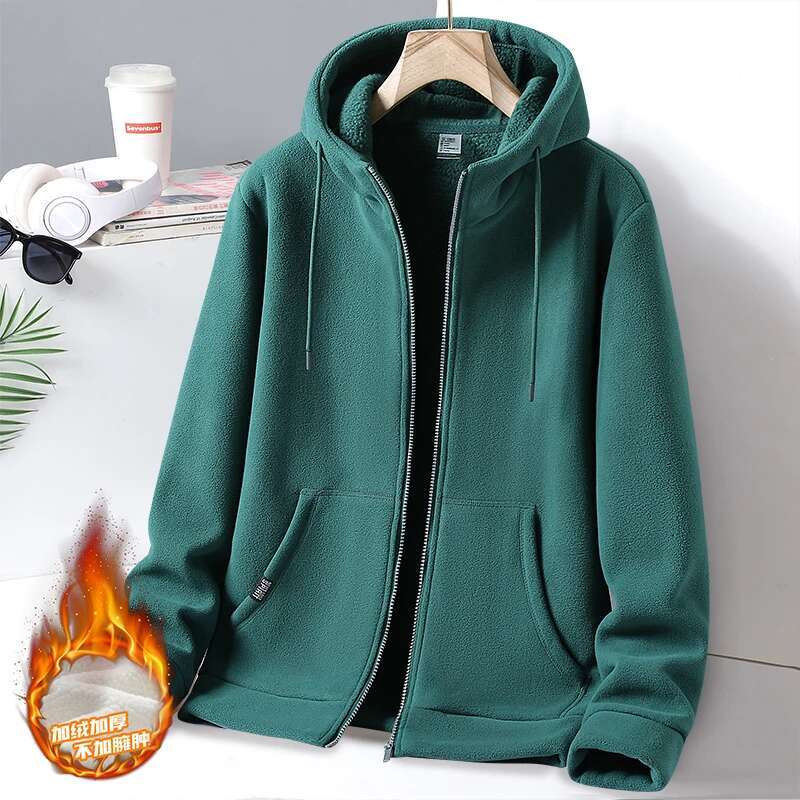 Men's Winter Fleece Fashionable Plush Thick Hooded Drawstring Zipper Pocket Solid Color Loose Commuting Comfortable Jacket Top