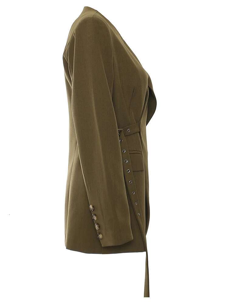 Women Green Corss Bandage Pocket Elegant Blazer New V-Neck Long Sleeve Jacket Fashion Tide Spring Autumn 2025 1Dh7482