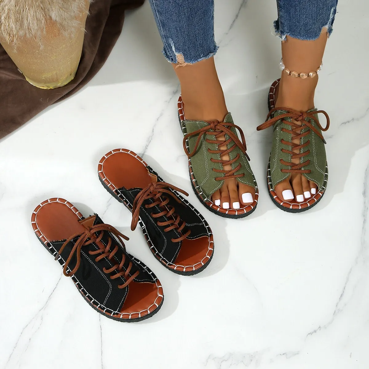2025 New Bohemian Style Fish Mouth Flat Sandals with Strap Women's Casual Single Word Slippers zhanyishengli