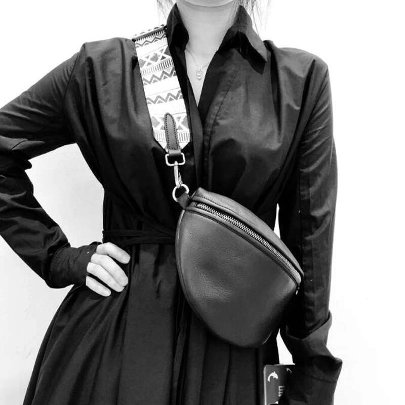 Genuine Leather Crossbody Women Half Round Wide Strap Messenger Cowhide Handbags Shoulder Bag