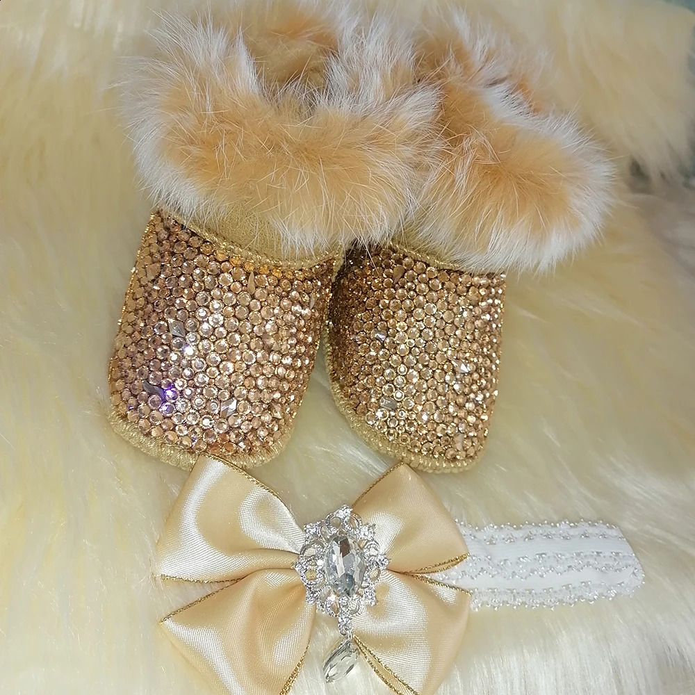 Handmade Bow Hairband Rhinestones Baby Girl Snow Boots Winter Shoes Comb First Walker Sparkle Bling Crystal Princess Shower Gift 250214