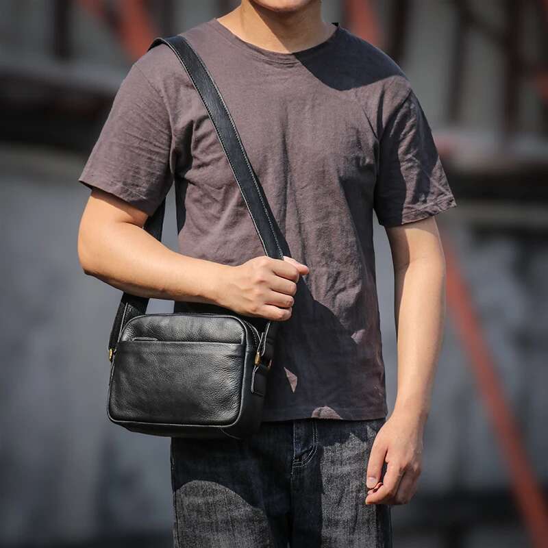 LUOKIR Men's Genuine Leather Crossbody Casual Shoulder Bag Simple First Layer Cowhide Small Bags For 8 Inch Ipad