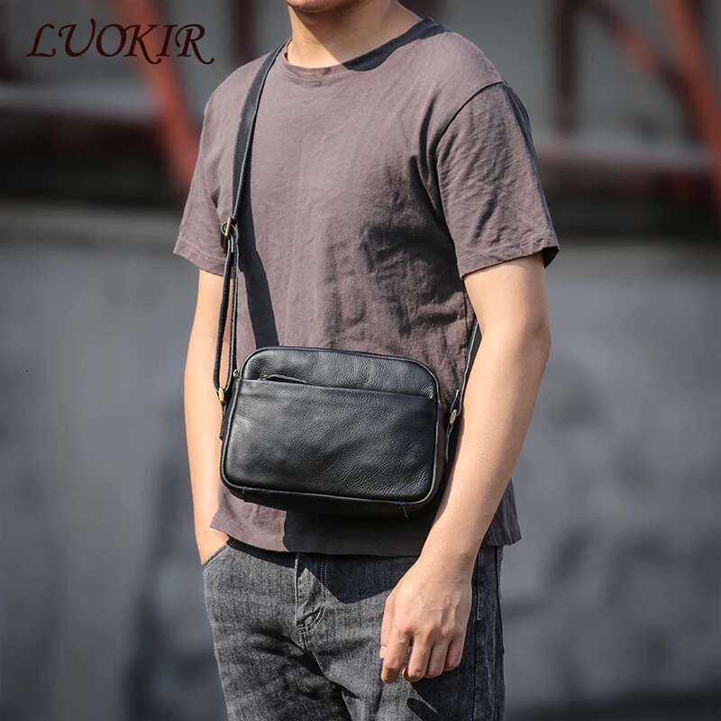 LUOKIR Men's Genuine Leather Crossbody Casual Shoulder Bag Simple First Layer Cowhide Small Bags For 8 Inch Ipad