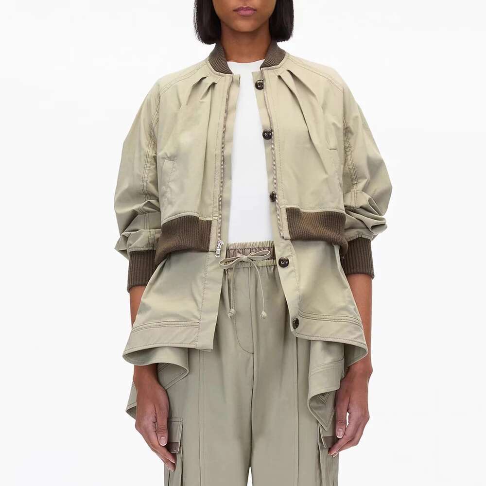 Cotton Jacket Y2k Solid Color Round Collar Zipper Splicing Elegant Commuter Loose Long Sleeve Coat Tops 2024 Autumn New