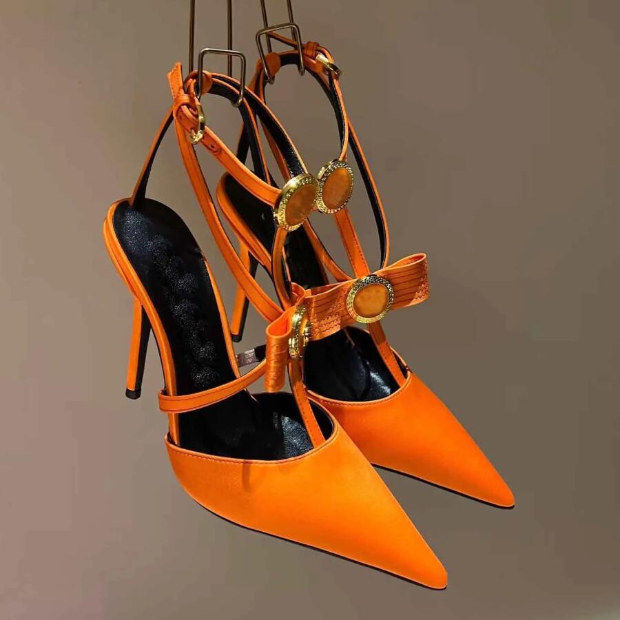 Luxury- Women Gianni Ribbon Cage Sandals Shoes Satin Bow Pointed Toe Pumps High Heeled Party Wedding Lady Slingback