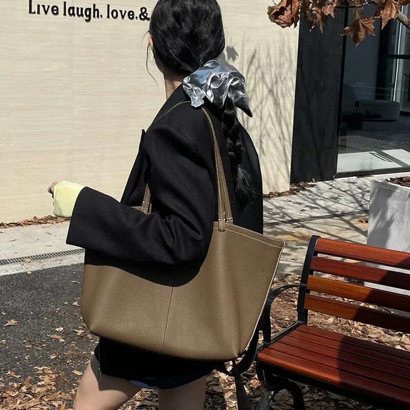 Women's Autumn/Winter Large Capacity Genuine Single Shoulder Tote Bag New Style High-End Feel Top Layer Cow Leather