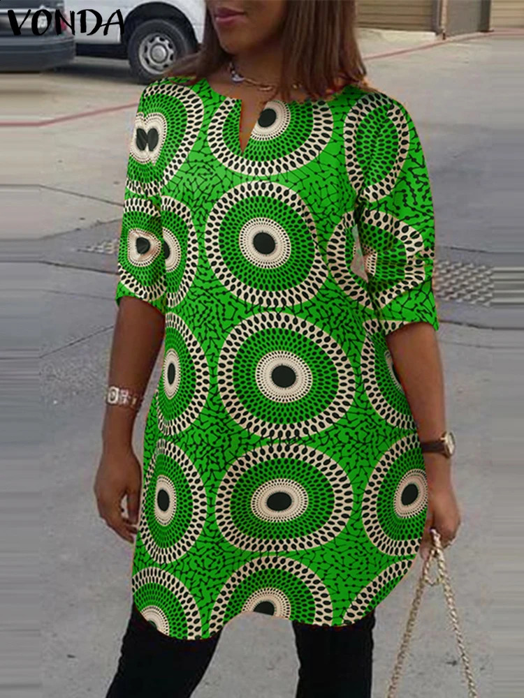 Plus Size 5XL VONDA Women Blouse V-Neck Vintage Printed Shirts Elegant 3/4 Sleeve Casual Loose Tops Oversized Blouses 250210