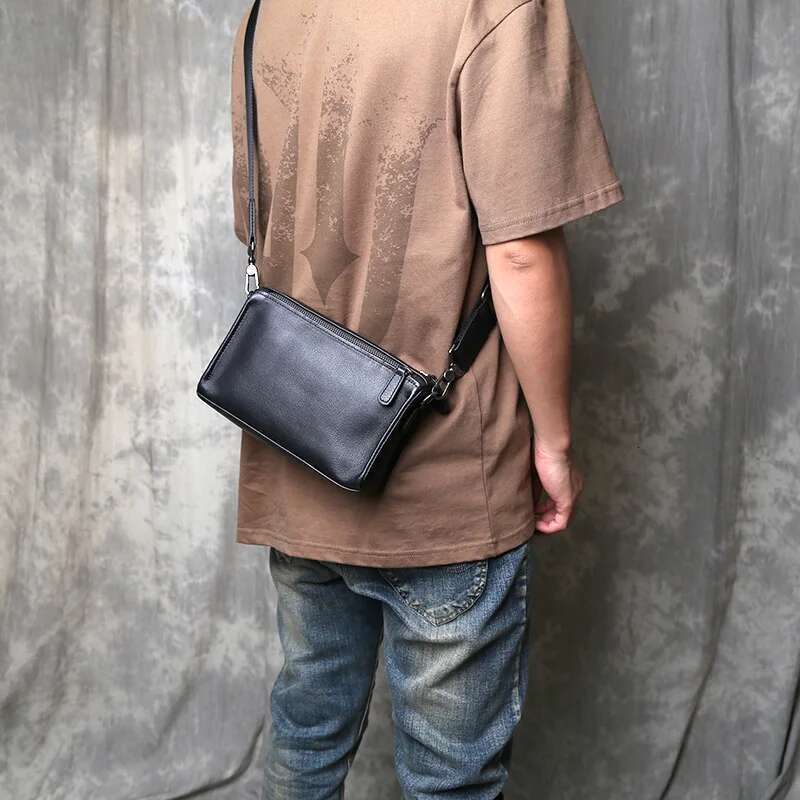 Men Top Layer Cowhide Shoulder Business Casual Leather Men's And Women's Small Square Zipper Bag Horizontal Handbag