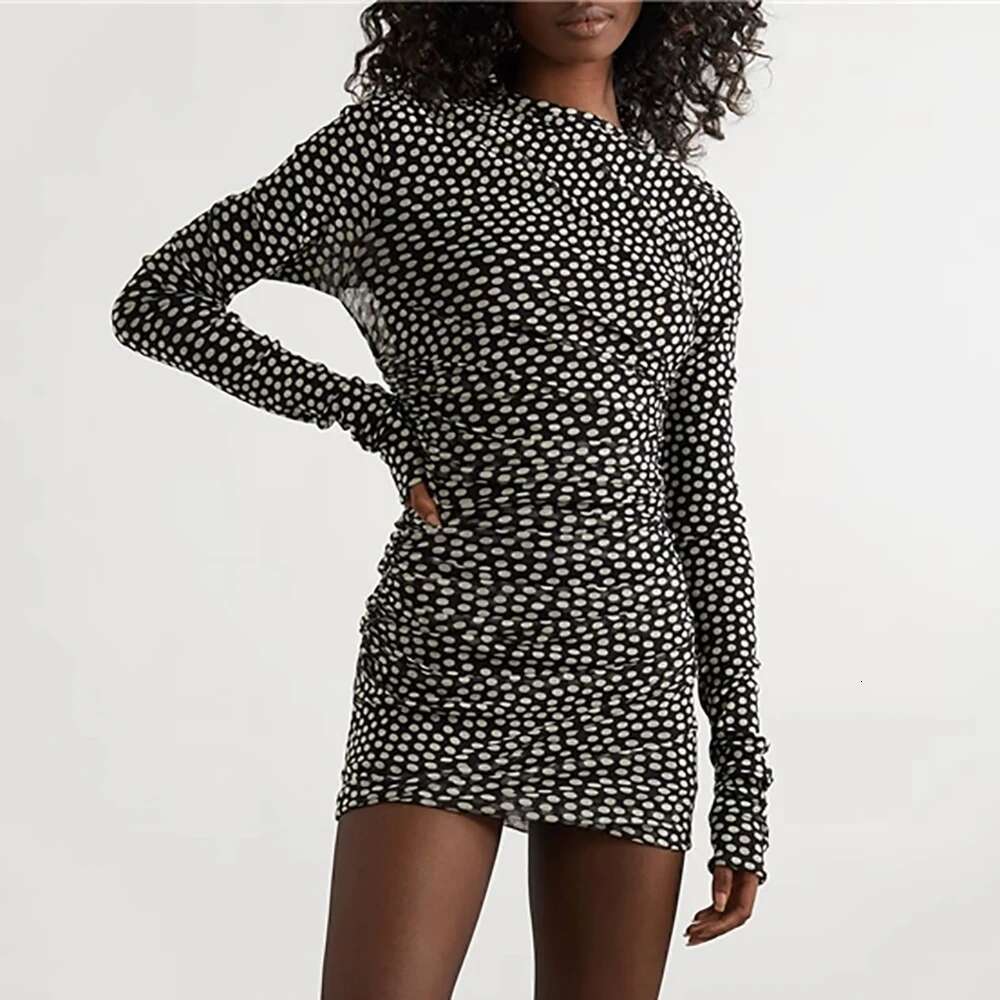 2025 Spring And Summer New Women's Dress Y2k High Quality Mesh Yarn Polka Dot Pleated Slim Peplum Round Neck Long Sleeve Dresses