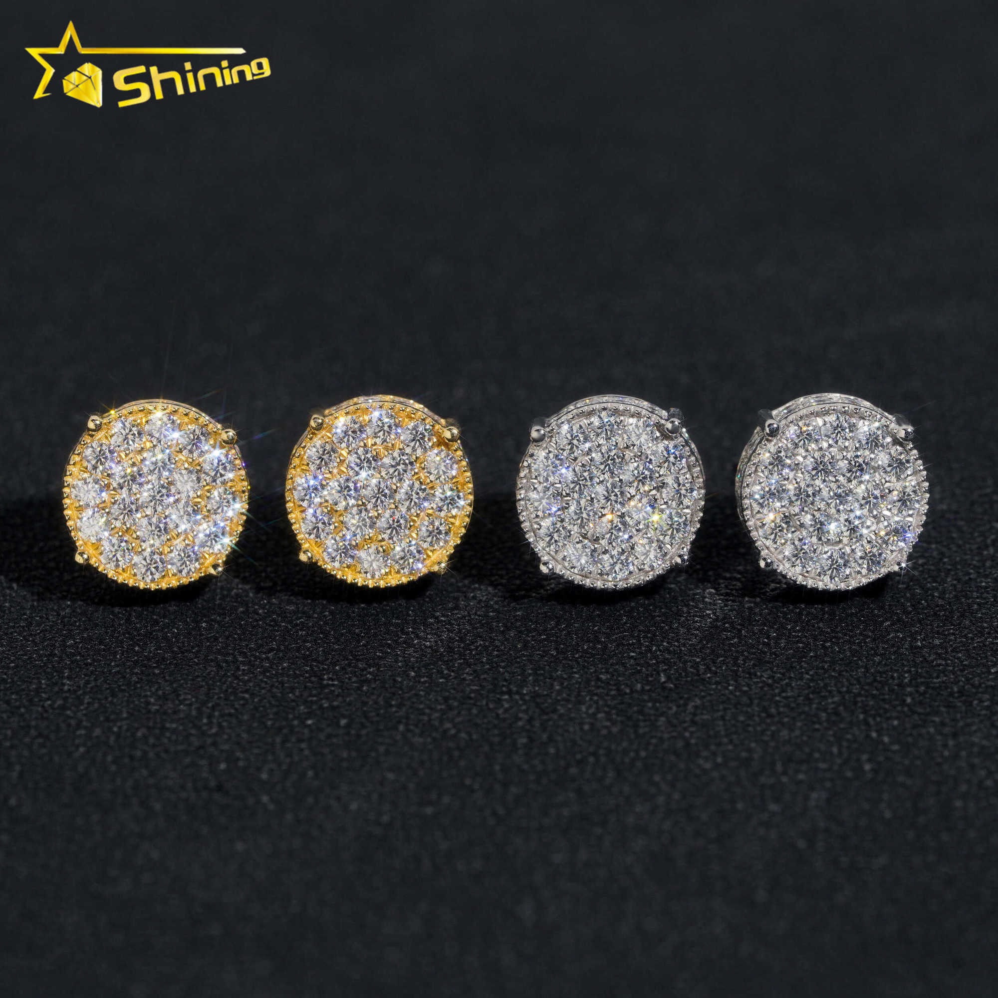 Luxury 10K Solid Gold Earrings 10mm Cluster Moissanite Diamond Ear Studs for Men and Women