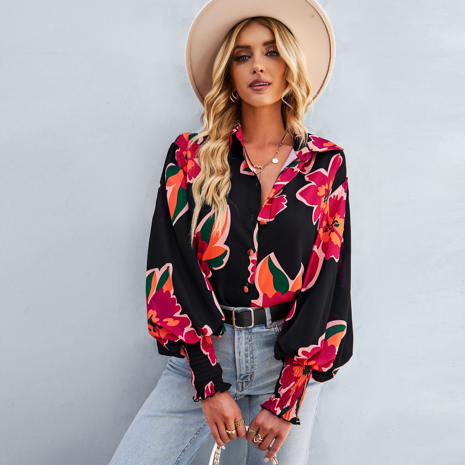 2024 Spring and Autumn Women's Contrast Printed Shirt Long Sleeve Loose Polo Collar Versatile Top