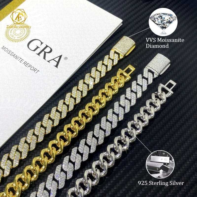 Fine Jewelry Gold Plated 925 Silver 2 Rows Vvs Moissanite Diamond Mens Hip Hop Iced Out Miami Cuban Link Chain Necklace