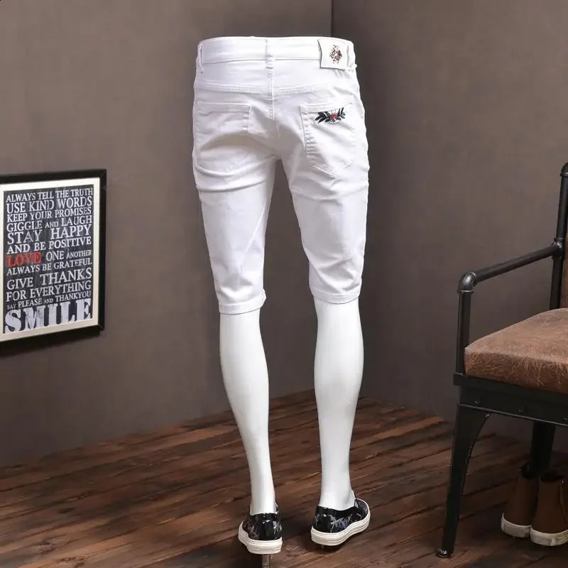 Short Jeans Pants for Men Bermuda Multi Color Embroidery Long Mens Denim Shorts Half Stretchable White Zipper Y2k Fashion Thin Xl 250210