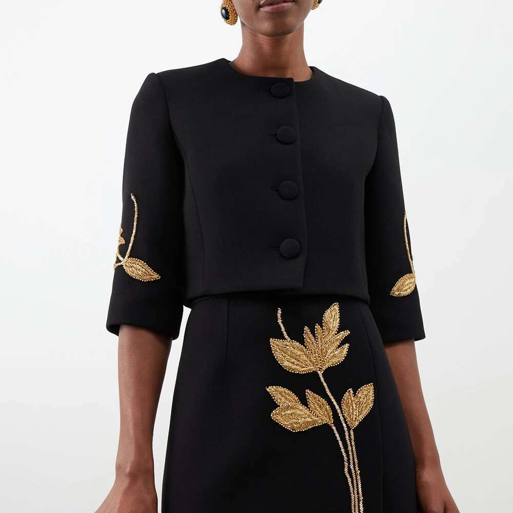 Colorblock Chic Two Piece Sets For Women O Neck Half Sleeve Coat High Waist Skirt Elegant Set Female Fashion Style