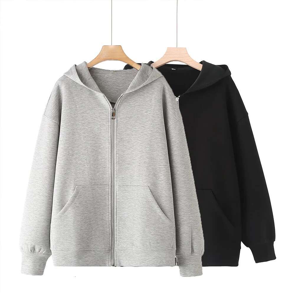 ZATT 2024 Autumn New Collection Simplicity Loose Casual Streetwear Easy Match Two Colors Hooded Zipper Women Sweatshirt Jacket