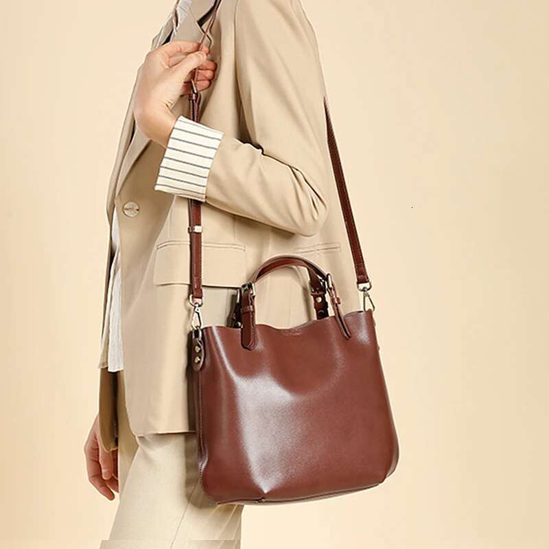 Hifashion Vintage Genuine Leather Bucket Tote Handbags For Women 2024 Trend Designer Simple Large Ladies Shoulder Crossbody Bags