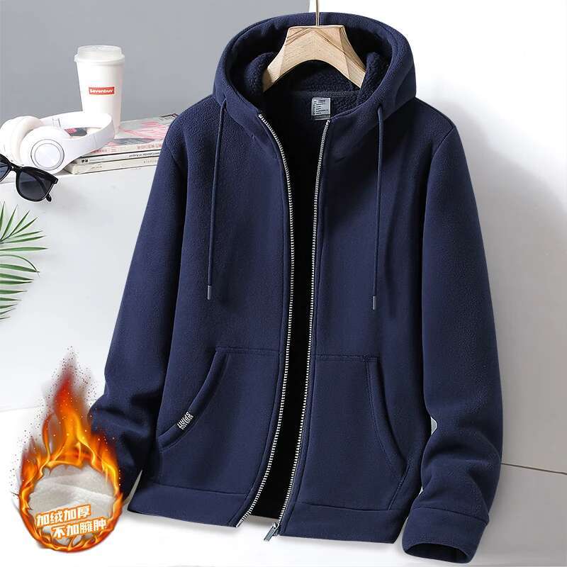 Men's Winter Fleece Fashionable Plush Thick Hooded Drawstring Zipper Pocket Solid Color Loose Commuting Comfortable Jacket Top