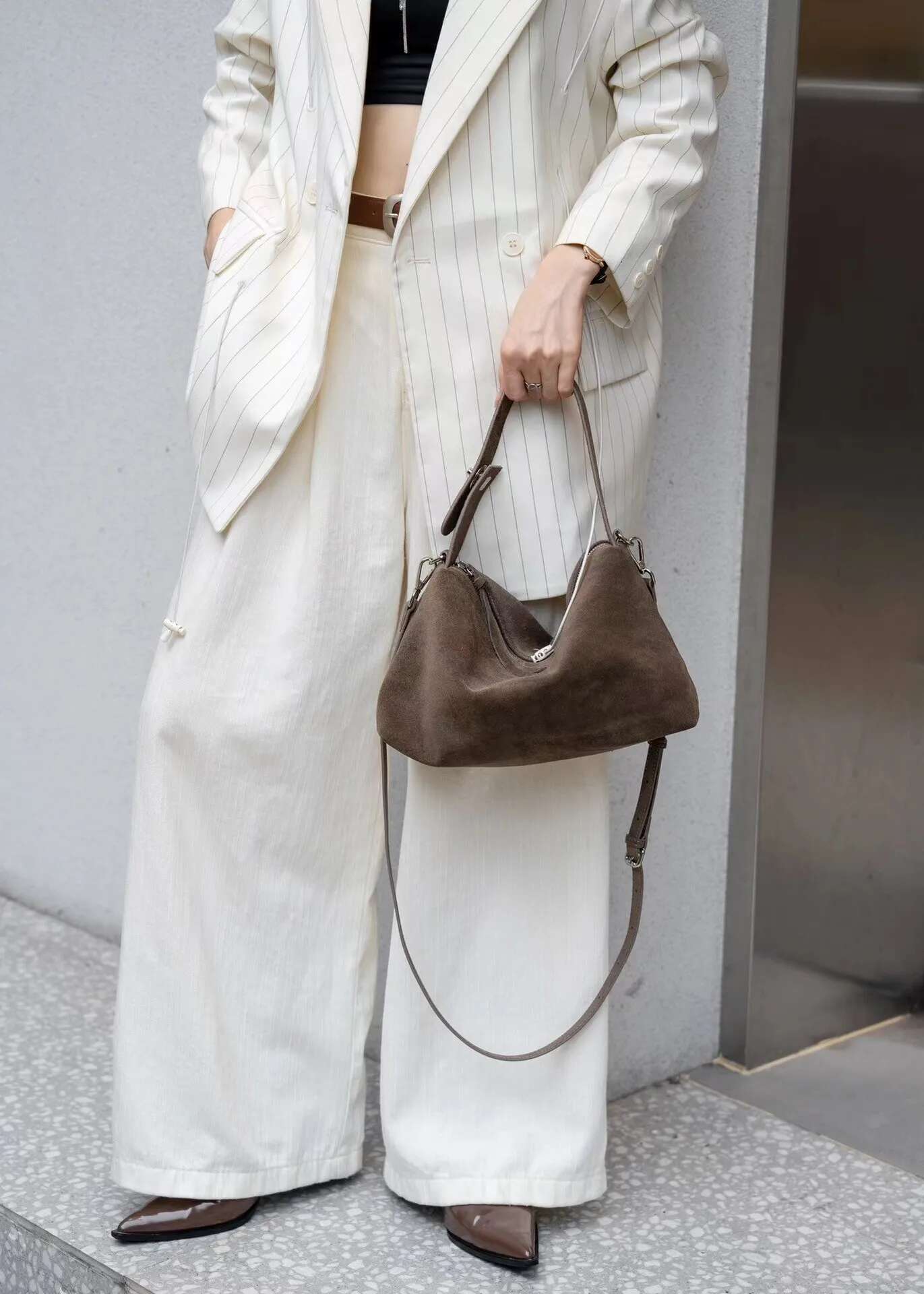 Fashion Autumn Winter Big Boston Tote Soft Matte Suede Cow Leather Women's Handbag Shoulder Crossbody Bag For Women Grey Brown Suede Cartoon BagV
