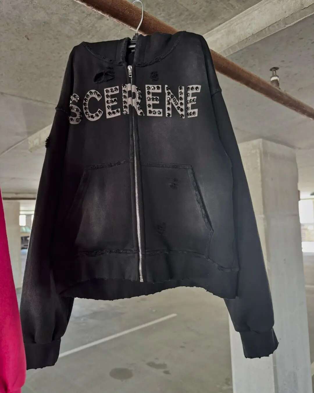 Oversized Letter Pattern Rhies Sweatshirt Y2k Clothes Gothic Punk Hole Black Hoodies Men and Women Casual Zip Up Hoodie