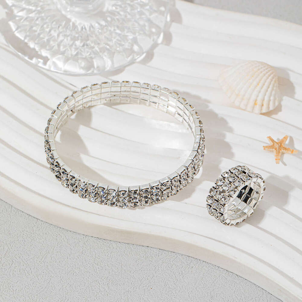 Hot sale Designer bracelet ring set Cross border European and American fashion elastic rhinestone bracelet elastic ring luxury jewelry Wedding designe