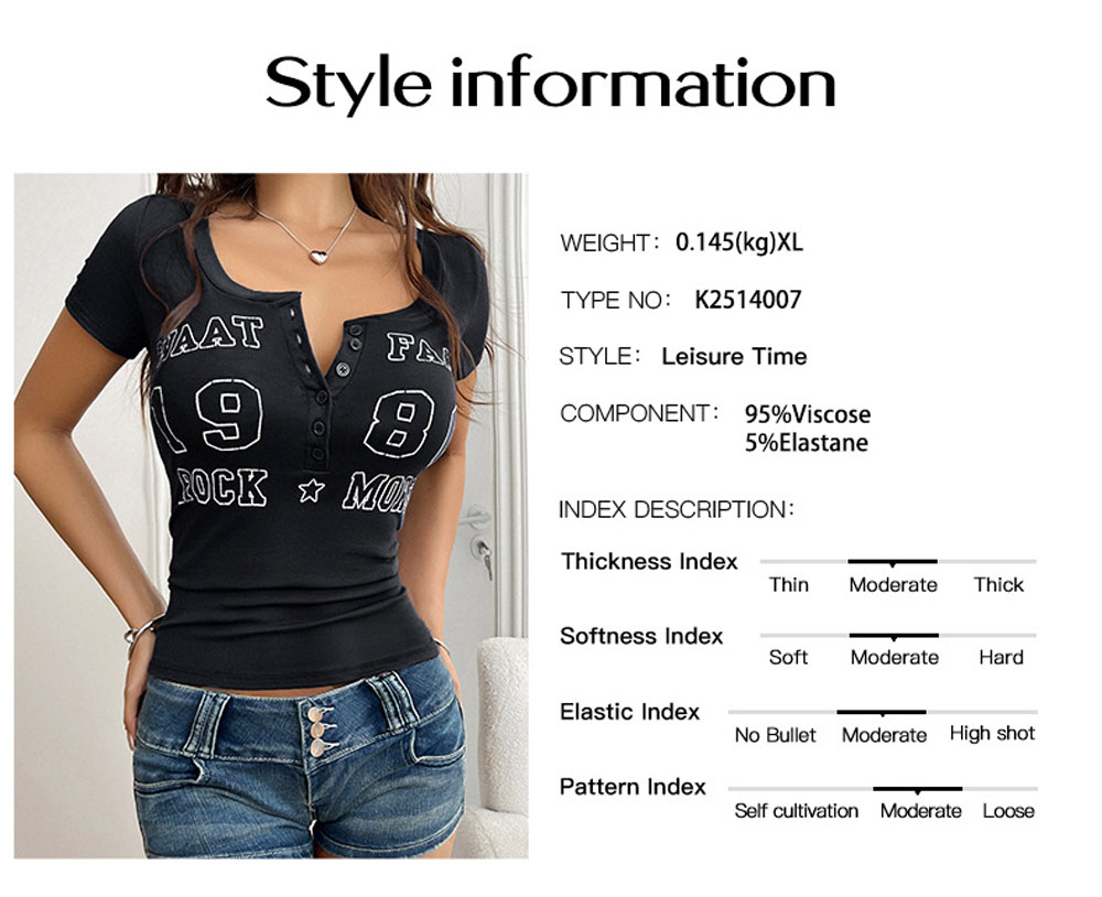2025 Summer Y2K Sexy Hot Girl Letter Printed Button V-neck Short sleeved Top Women's Wear