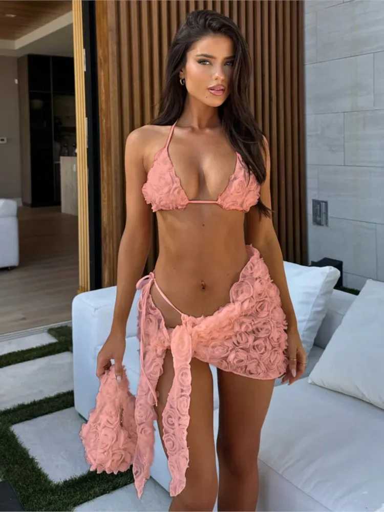 Bikini Bodysuit Swimwear Women With Skirt Bathing Suit Summer New Ruffle Splice Print Beachwear Holiday Bikini Cover Ups OutfitsT250214