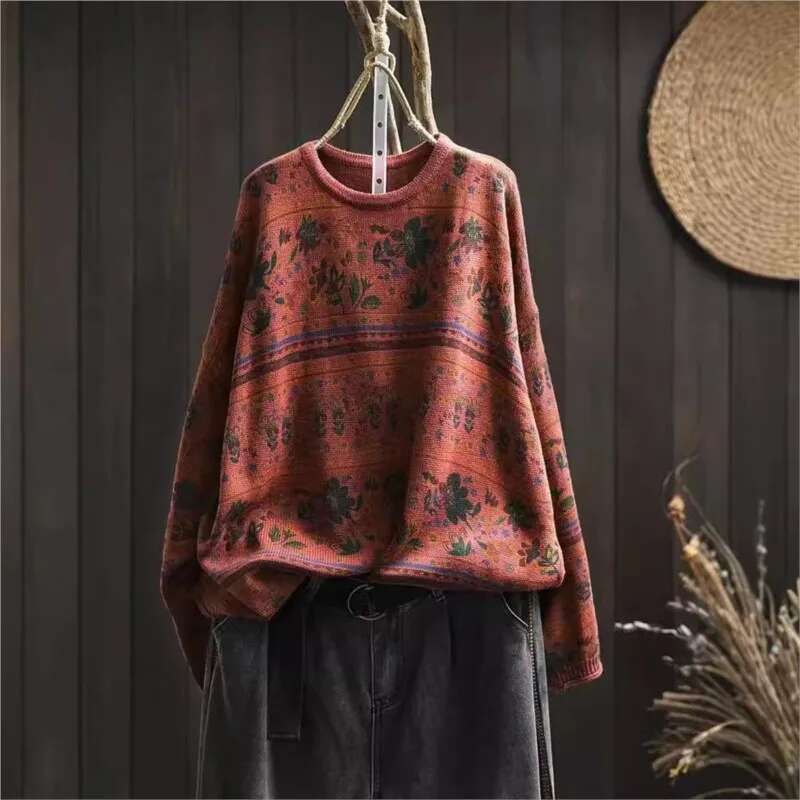 2025 Woman Autumn New Niche Vintage O-Neck Casual Loose Retro Chinese Style Long Sleeves Print Sweater