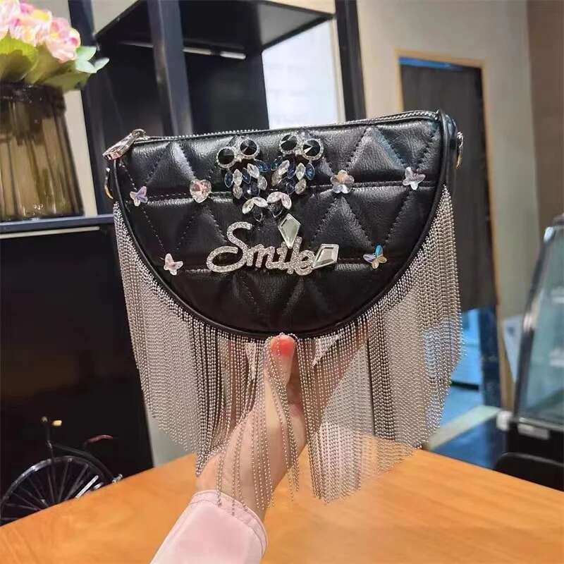 Autumn Crystal Shiny Dias Half Moon Women Fashion Handbag Long Tassel Female Shoulder Messenger Bag Lady Purse