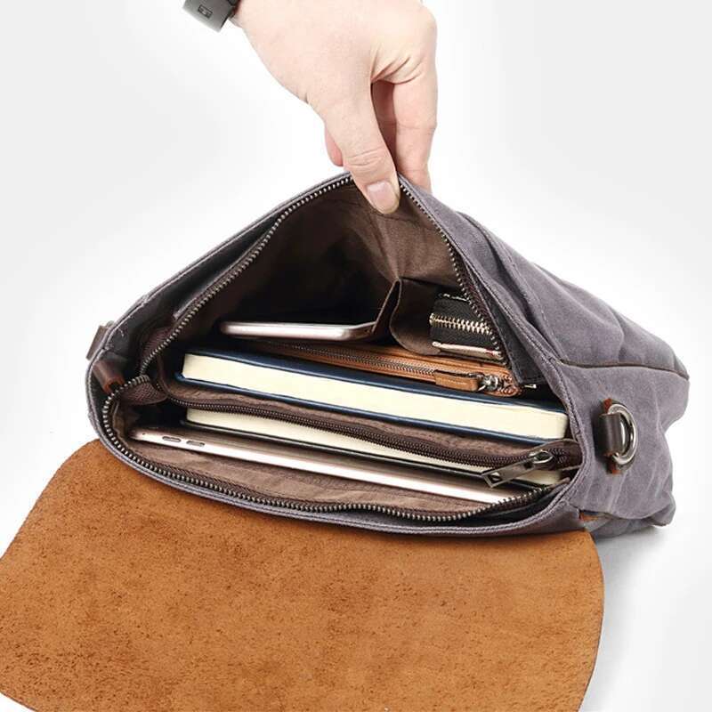 Vintage Casual Canvas & Genuine Leather Small Square For Men Simple Horizontal Shoulder Unisex Messenger Youth Bag M104