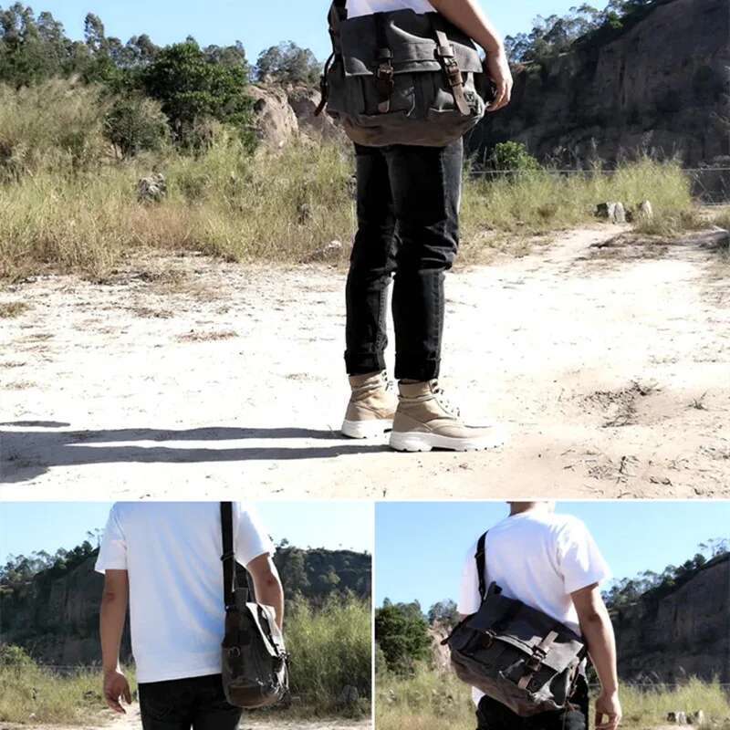MUCHUAN Fashion Vintage Leather Canvas Men's Messenger Cotton Multi-Pocket Crossbody Bag Men Shoulder Casual Travel Handbag