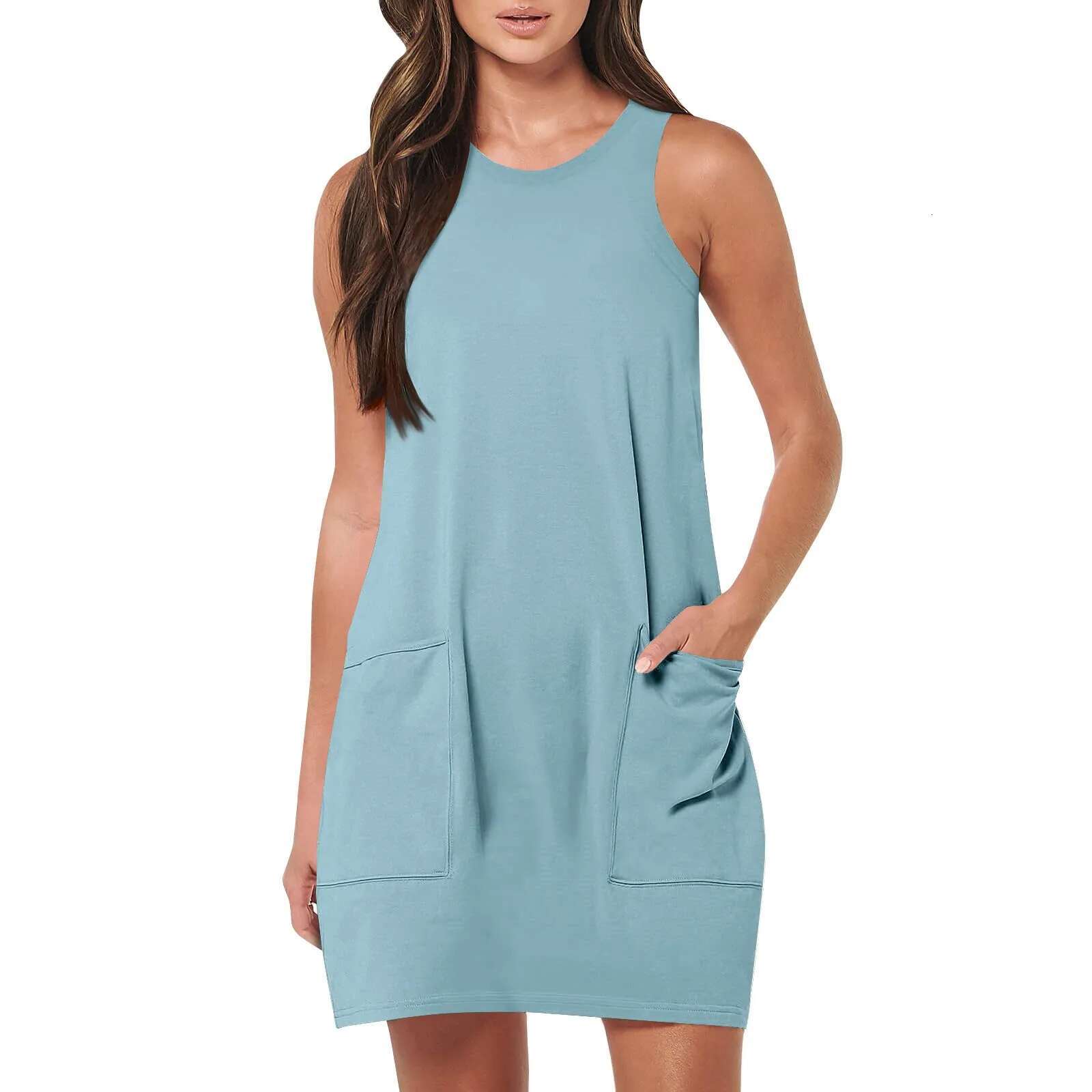 Summer Casual Solid Colour Vintage Sleeveless Round Neck Sundress With Pockets For Women Short Beach Vacation Tank Dresses