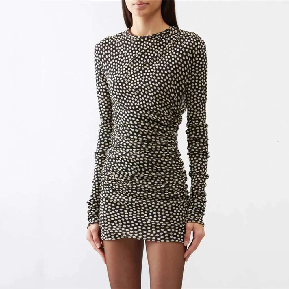 2025 Spring And Summer New Women's Dress Y2k High Quality Mesh Yarn Polka Dot Pleated Slim Peplum Round Neck Long Sleeve Dresses