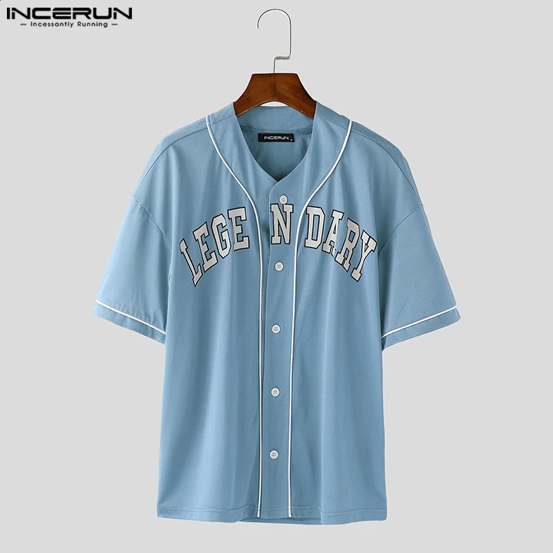 INCERUN Tops American Style Fashion Men Letter Pattern Printed Shirt Casual Streetwear Male Collarless Short Sleeved Blouse 250213