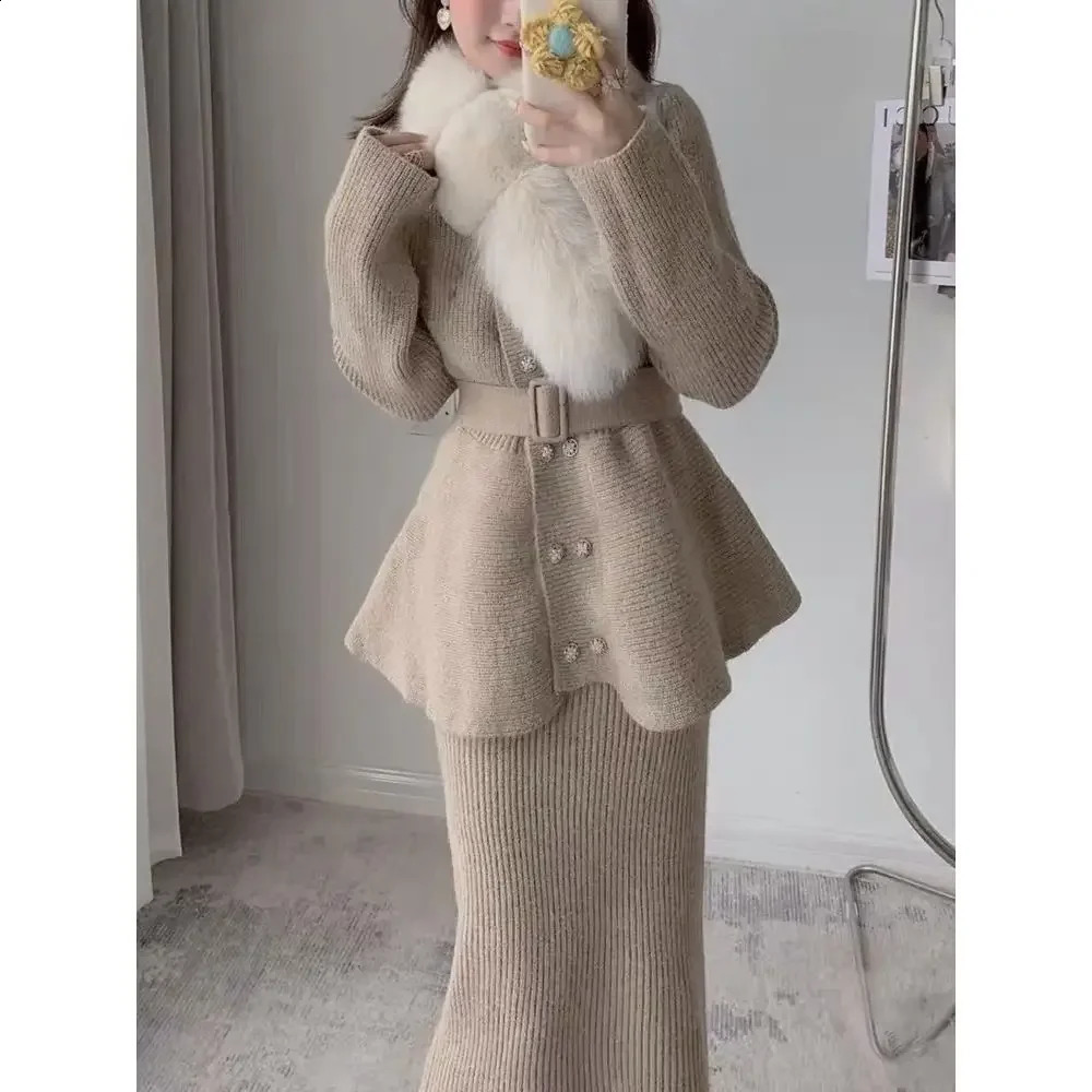 Elegant social style high-end feeling coarse woolen two-piece set womens autumn fashion womens professional coarse woolen knitting 250210