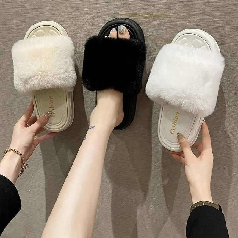 2024 Women's slippers for outdoor wear in autumn and winter, new shiny flat bottom one e slippers, internet famous fashionable fur shoes