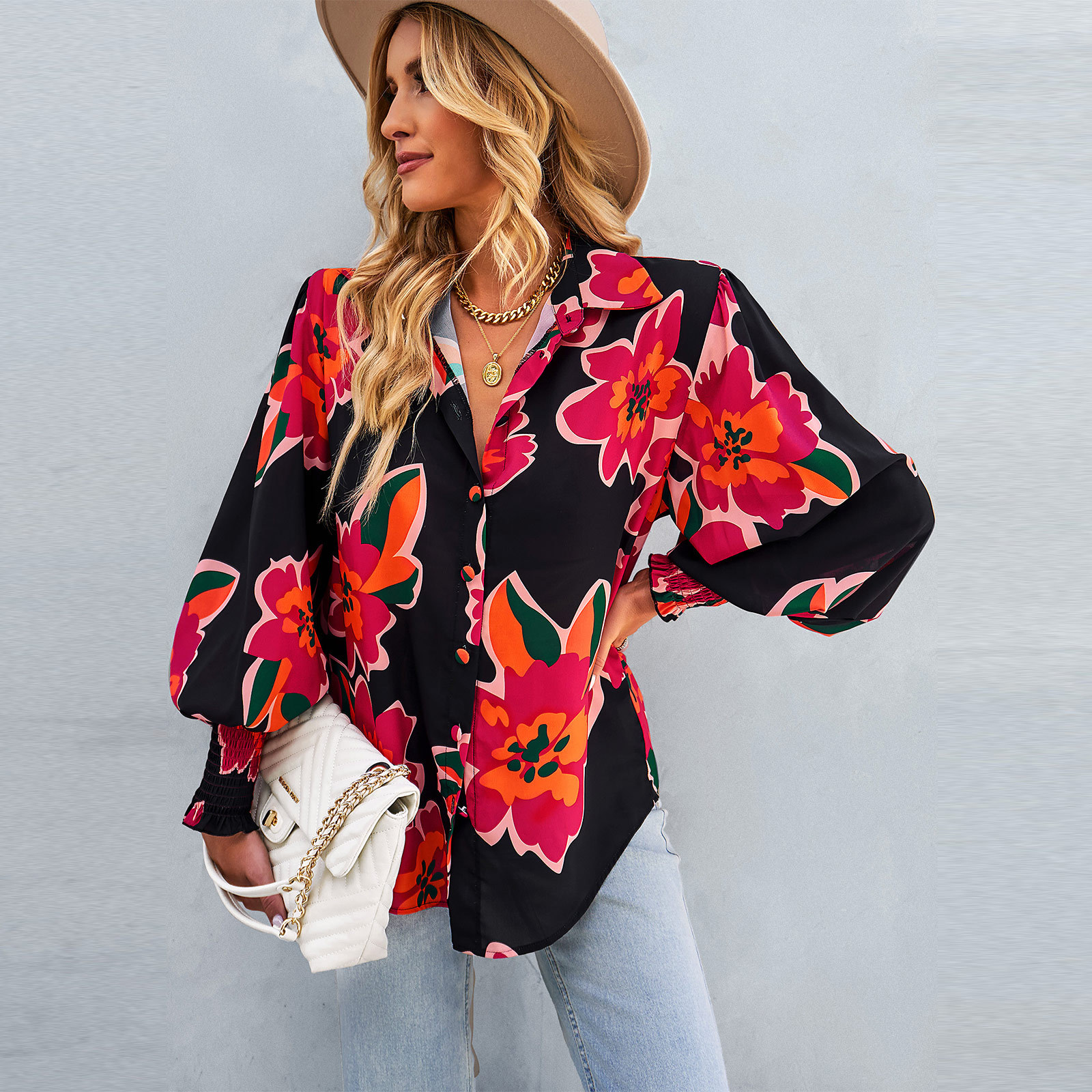 2024 Spring and Autumn Women's Contrast Printed Shirt Long Sleeve Loose Polo Collar Versatile Top