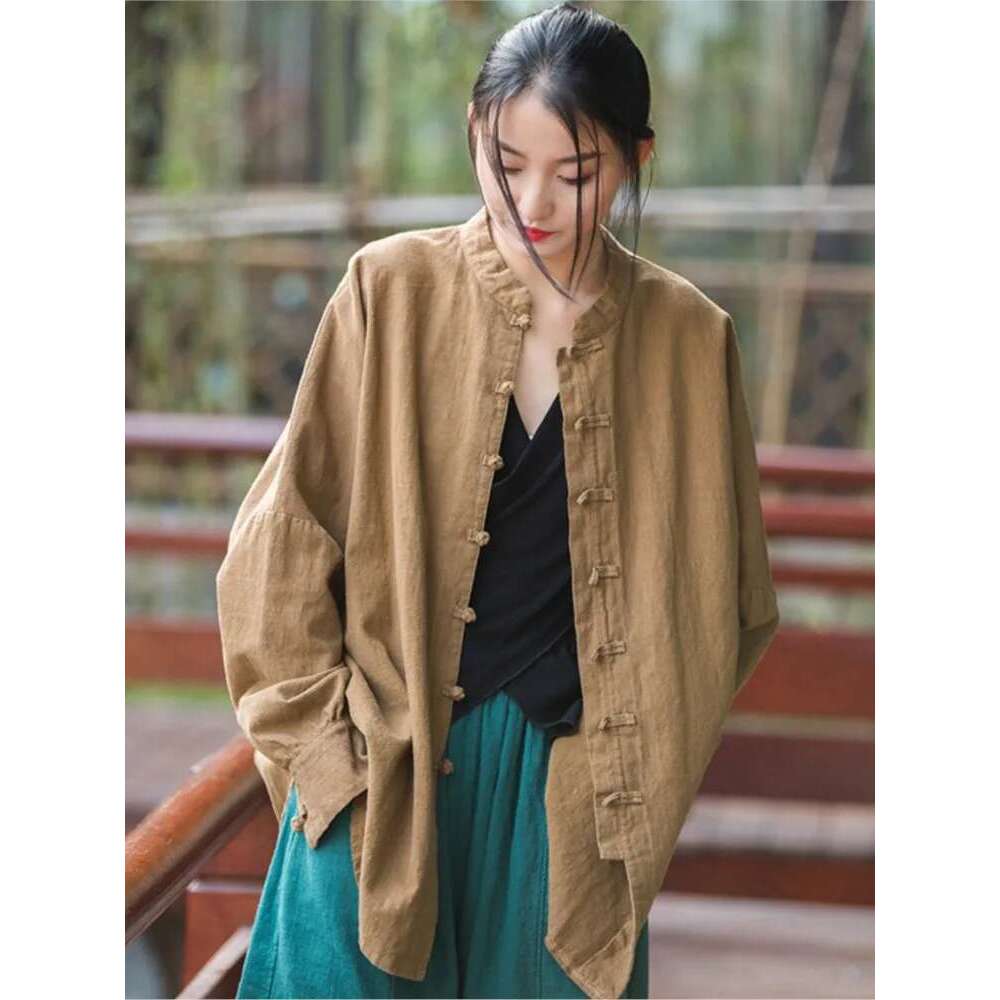 Johnature Women Chinese Style En And Tops Stand Long Sleeve Blouses 2024 Spring New Solid Color Button Vintage Shirts