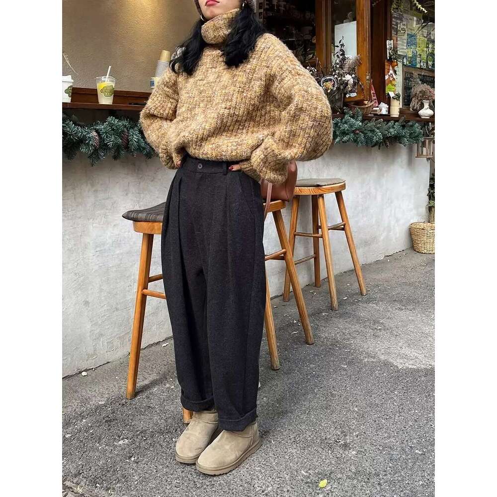 2025 Chic Women Casual Loose Pockets Woolen Suit Pants Autumn Winter High Waist Thicken Korean Ladies Solid Harem Trousers