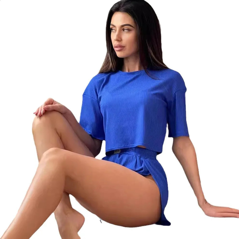 Linen Knitted Pajamas For Women 2 Piece Sets Loose Short Sleeve O Neck Crop Top Casual Female Suits With Shorts Summer Sleepwear 250213
